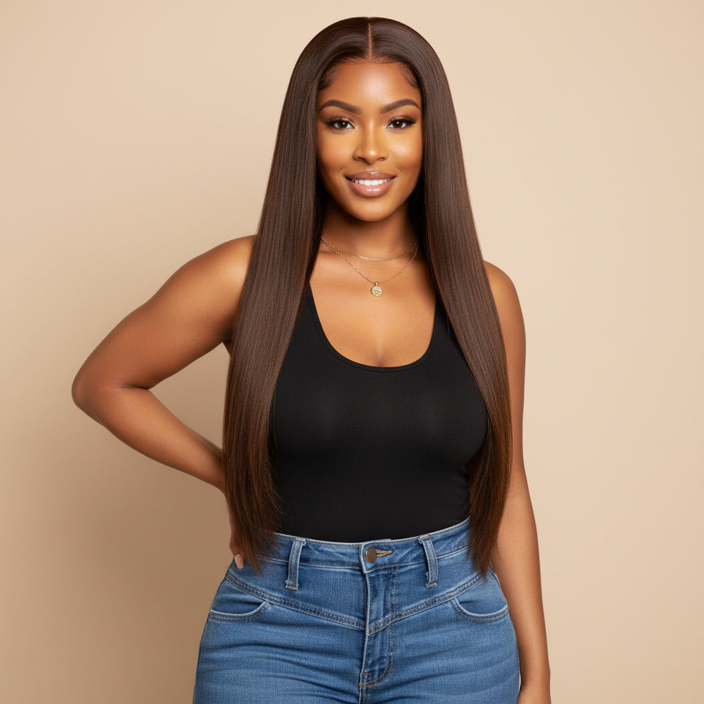 Transparent lace brown color human hair wig棕色真人发头套