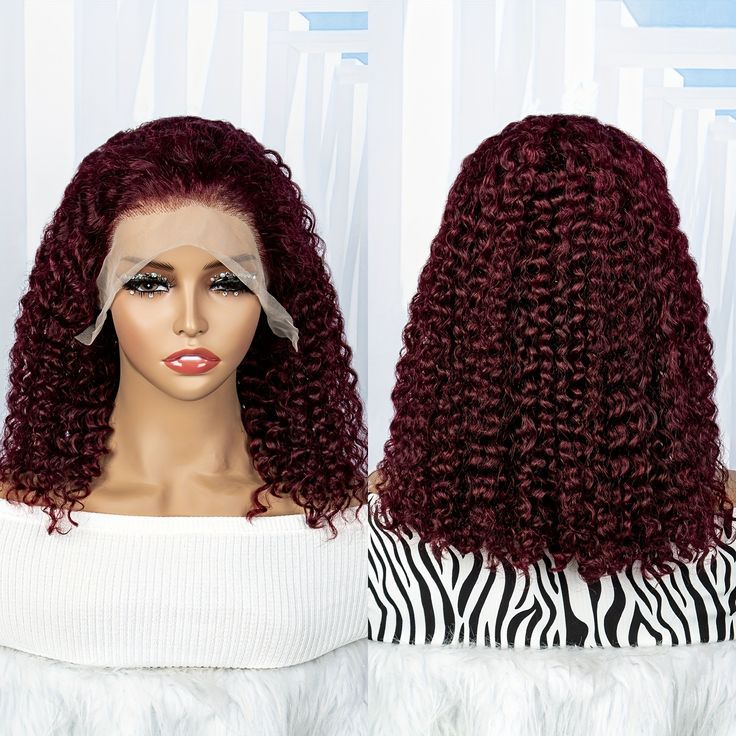 13*499j burgendy BOB water wave curly HD lace human hair wig