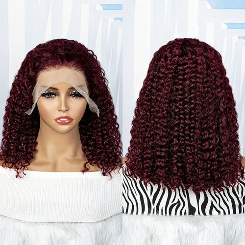 13*499j burgendy BOB water wave curly HD lace human hair wig