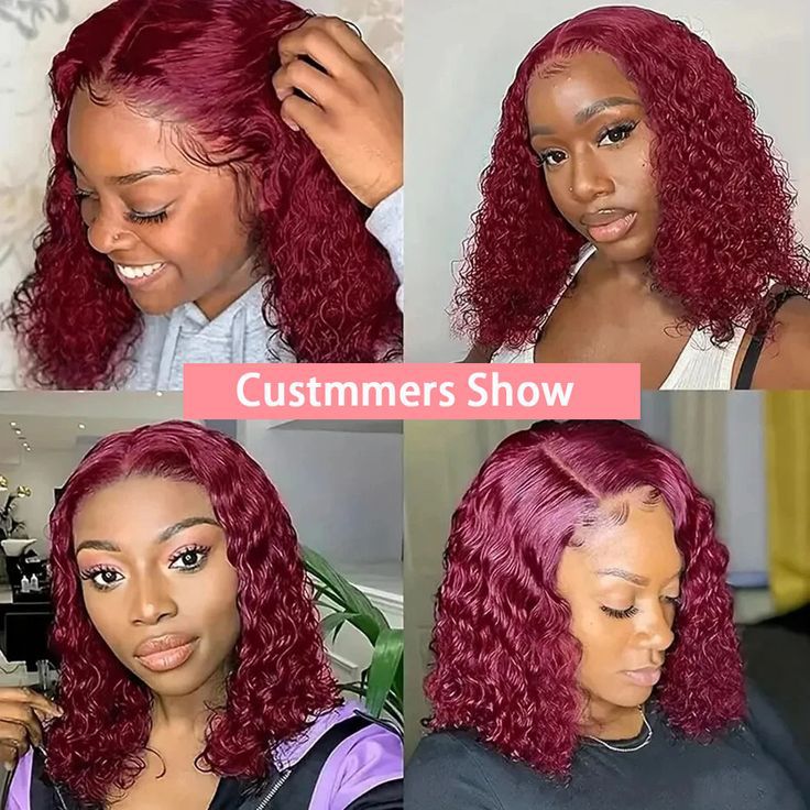 13*499j burgendy BOB water wave curly HD lace human hair wig