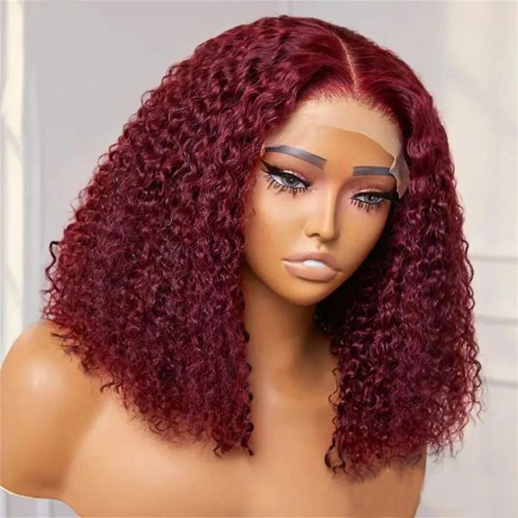13*499j burgendy BOB water wave curly HD lace human hair wig