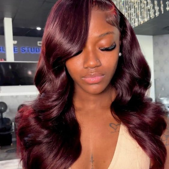 Dark 99J Burgundy frontal closure straight body wave wig