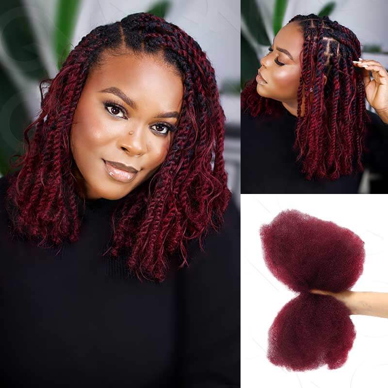 QVR Affordable Afro Kinky Bulk Human Hair 99J Burgundy Color For Braiding DreadLock